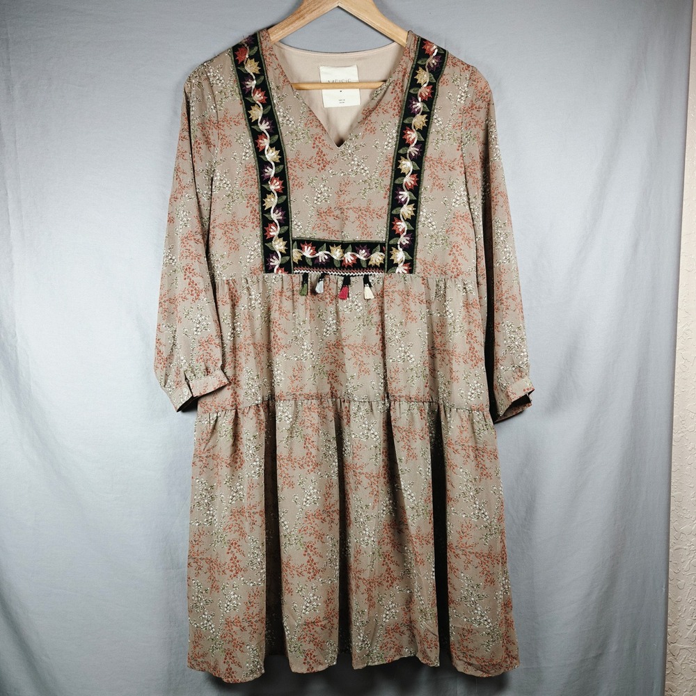 Meisie Tan Floral Embroidered Tassel‎ Tiered Boho Midi Dress Womens Size M